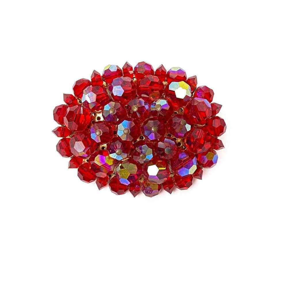 Vintage Lorraine Marsel Brooch Ruby Red Faceted AB Glass Beads Signed Florenza